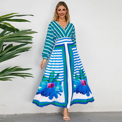 Long Sleeve V Neck Swing A Line Printed Dress Slim Retro Maxi Dress