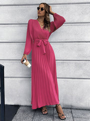 V neck Long Sleeve Pleated A line Mid Length Dress
