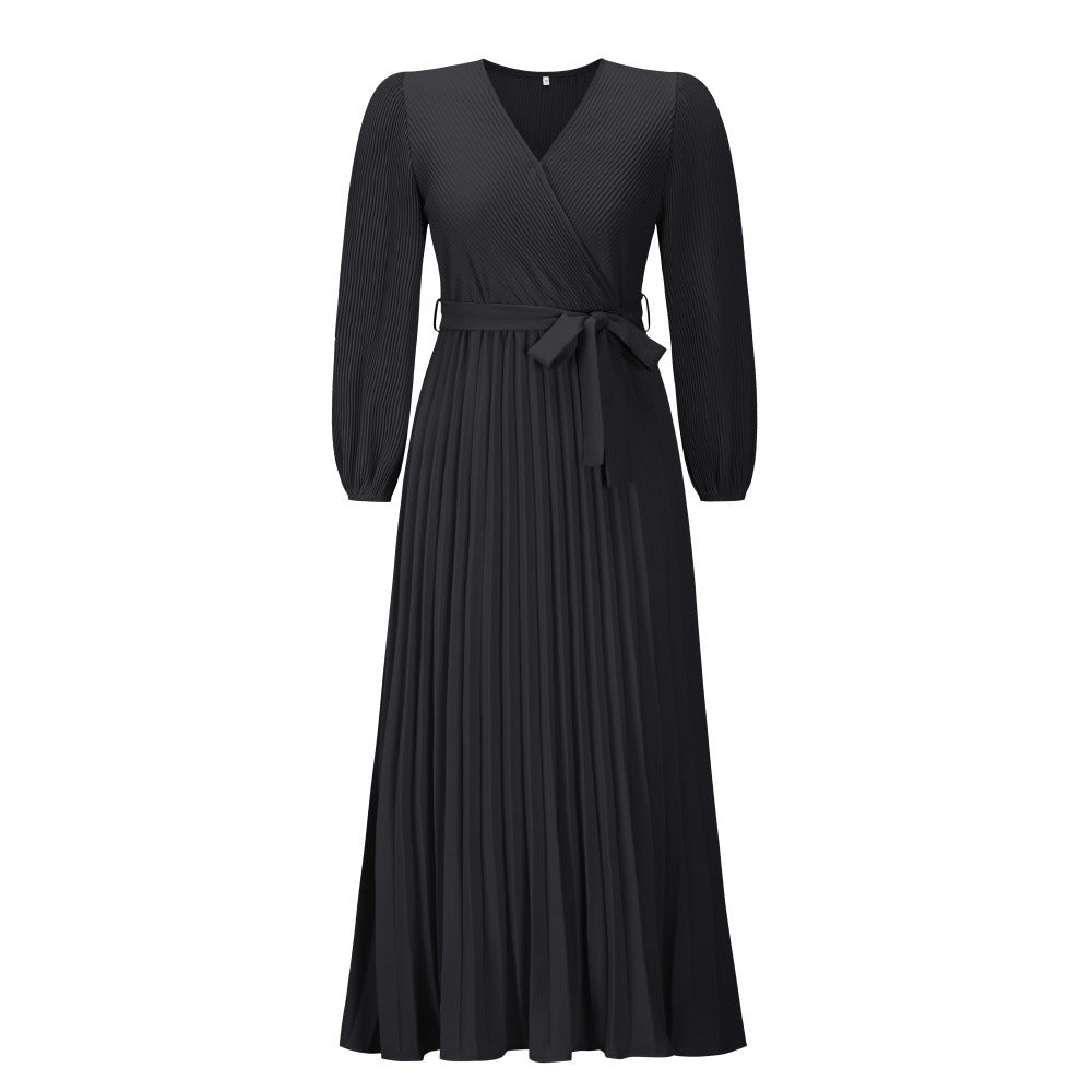 V neck Long Sleeve Pleated A line Mid Length Dress
