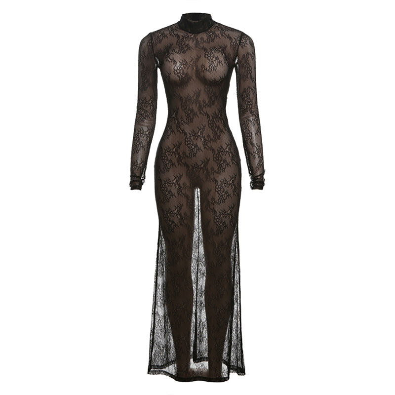 's High Collar Lace Maxi Dress Cutout Slim Long Sleeve
