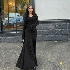 round Neck Waist Trimming Flared Long Sleeve Dress Elegant Fishtail Solid Color Dress