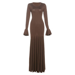round Neck Waist Trimming Flared Long Sleeve Dress Elegant Fishtail Solid Color Dress