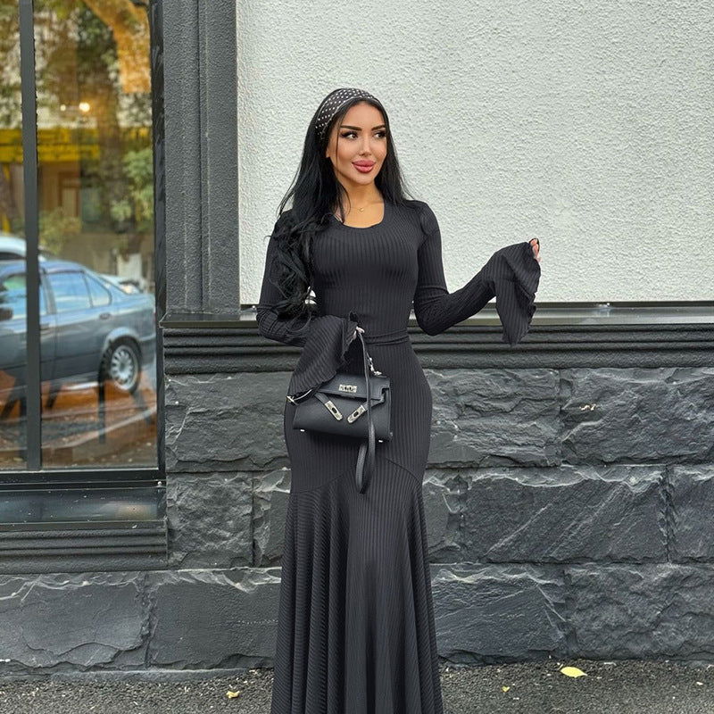 round Neck Waist Trimming Flared Long Sleeve Dress Elegant Fishtail Solid Color Dress
