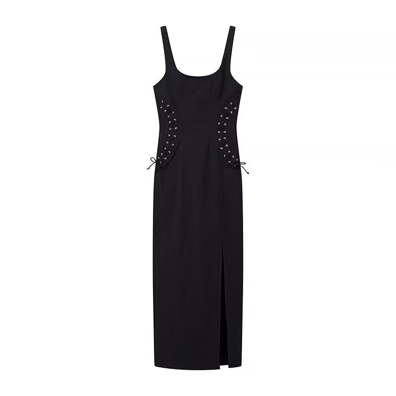 Vestido largo elegante con cordones y tirantes
