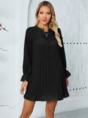Lantern Sleeve Long Sleeve Solid Color Pleated Casual Loose Dress