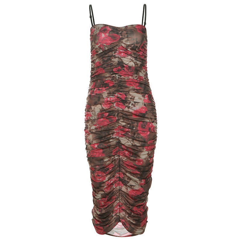Vestido retro plisado con tirantes y espalda descubierta