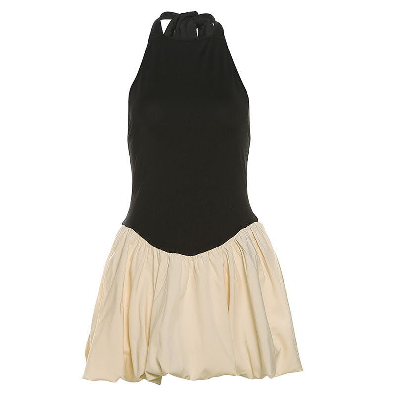 Patchwork Pleated Slim Fit Backless Slimming Dress