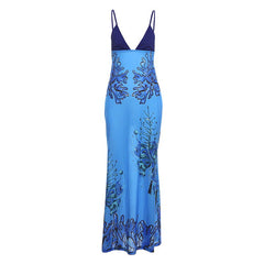 Contrast Color Printed V neck Backless Spaghetti Straps Dress