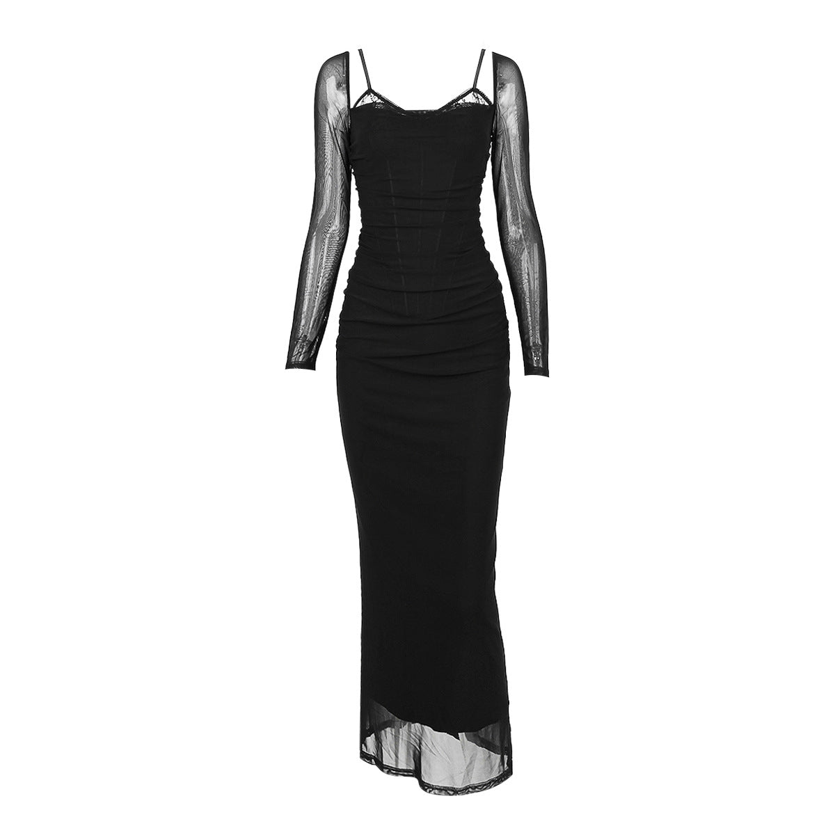 Mesh Long Sleeve Boning Corset Slim Hip Bag Slit Midi Black Dress