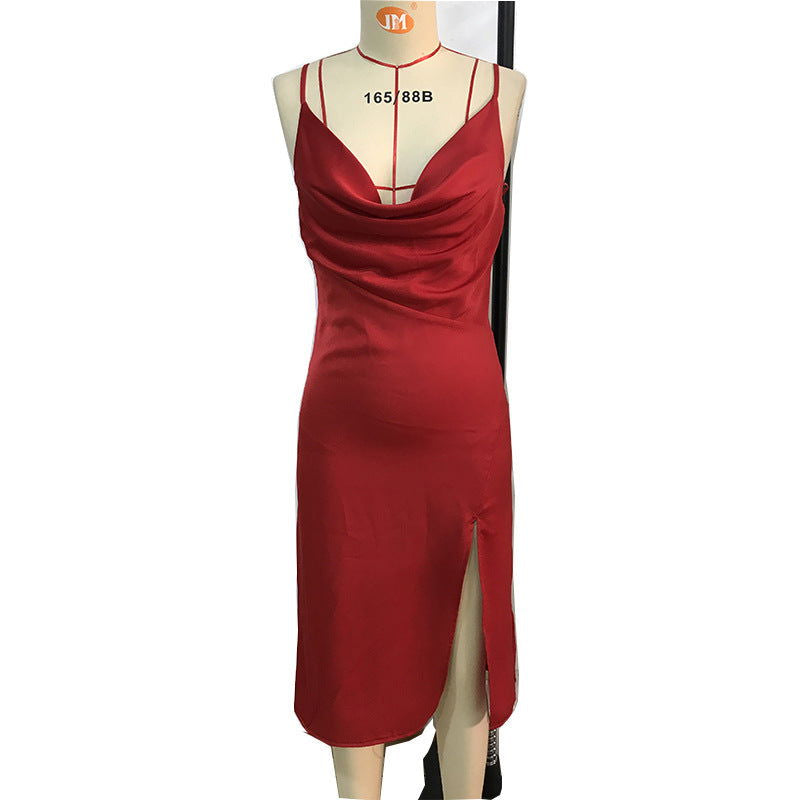 Backless Silk Dress Slim Fit Socialite Formal Dress V-neck Night Club Evening Dress