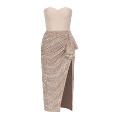 Bandage Dress Simple Tube Top Backless Stitching Sequ High Slit Ruffled Slim Dress