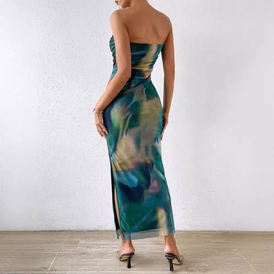 Bandeau Slim Fit Dress Side Slit Tie Dyed Backless Sheath Dress