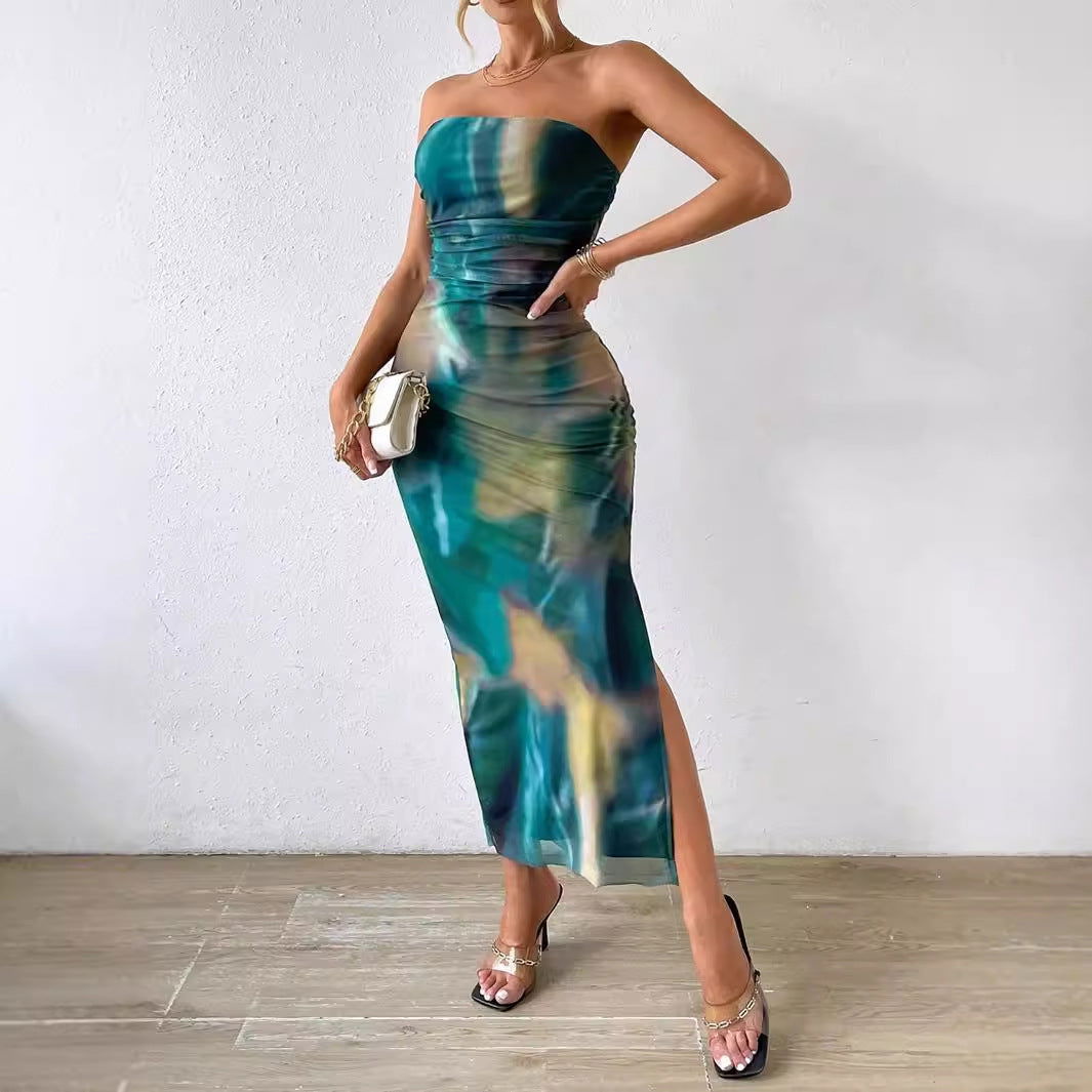 Bandeau Slim Fit Dress Side Slit Tie Dyed Backless Sheath Dress
