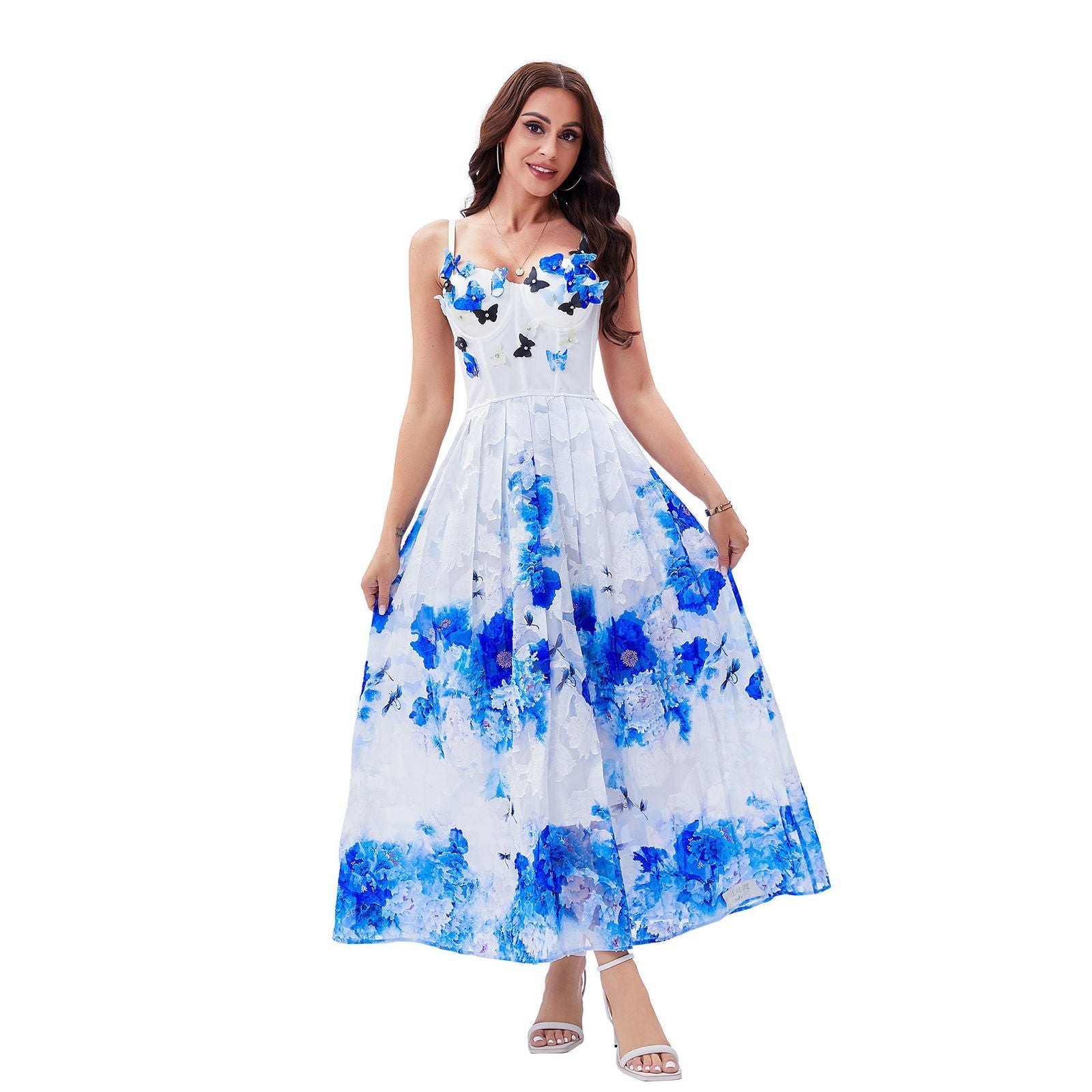 Beauty Back Underwear One Piece Boning Corset Dress Three Dimensional Butterfly Diamond Slimming Spaghetti Strap Floral Print A line Elegant Large Swing