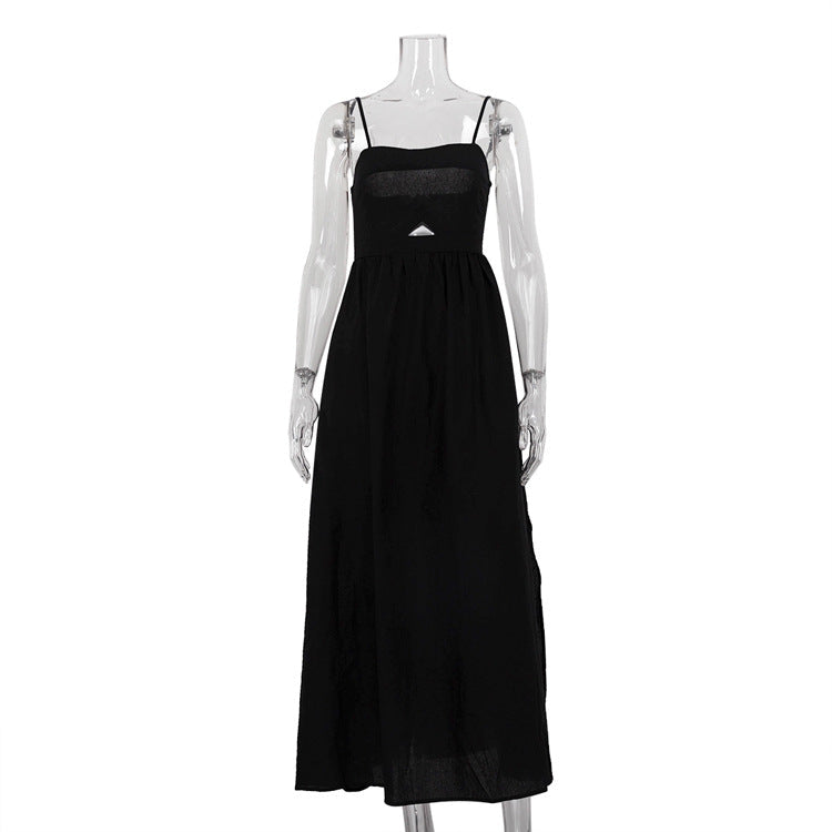 Black Breathable Sling High Waist French Dress Holiday Long