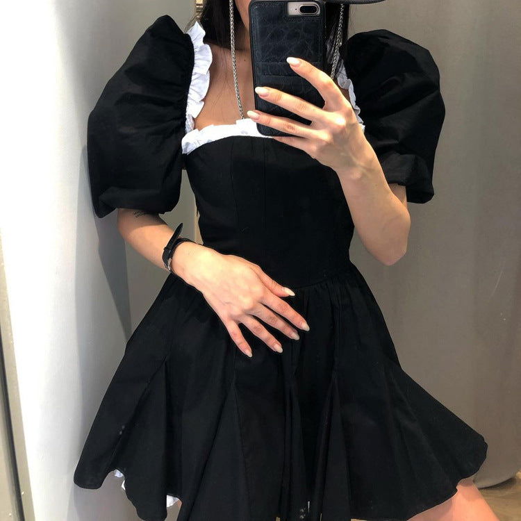 Black White Contrast Color Square Collar Puff Sleeve Backless Dress High Sense