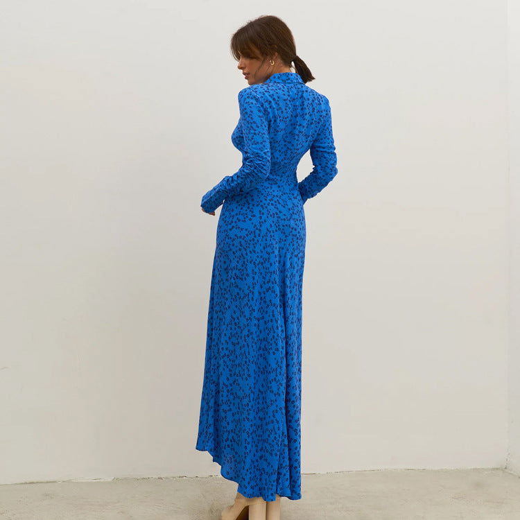 Blue Floral Shirt Dress Collared Bell Sleeve Pleated Design Dress