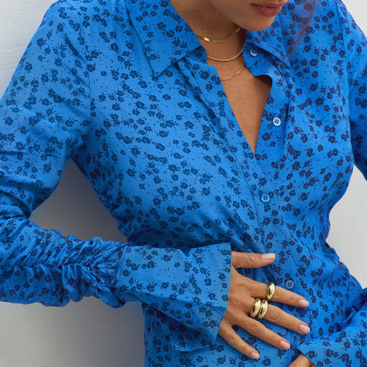 Blue Floral Shirt Dress Collared Bell Sleeve Pleated Design Dress