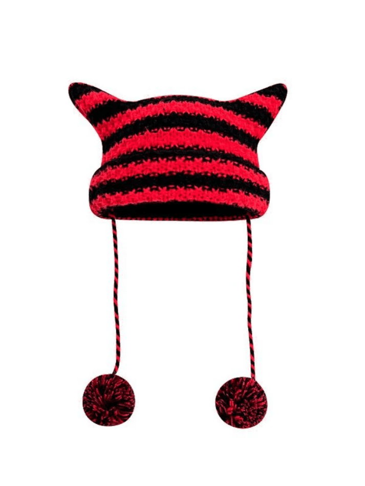 Striped Knitted Hat with Horn Detail