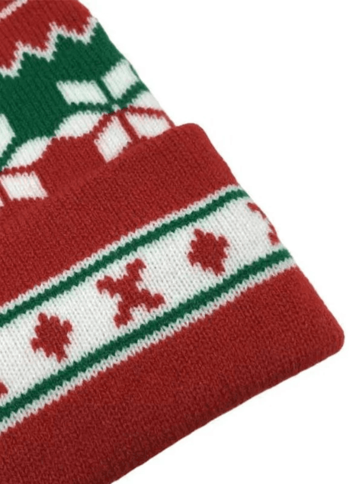 Knitted Christmas hat with jacquard pompoms