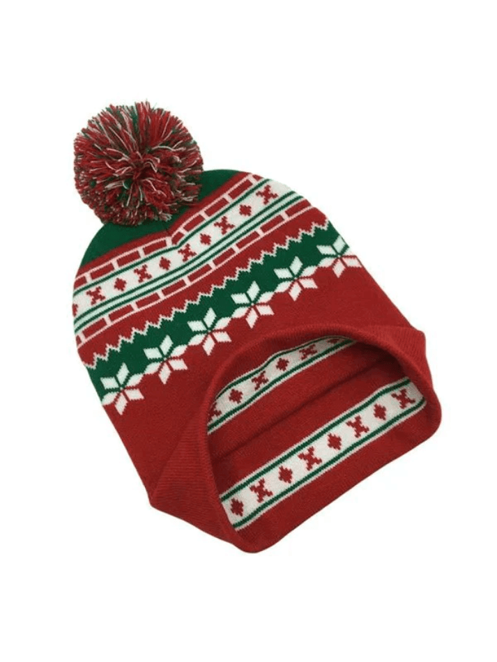 Knitted Christmas hat with jacquard pompoms