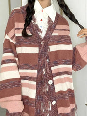 Tassel stripe v neck loose cardigan