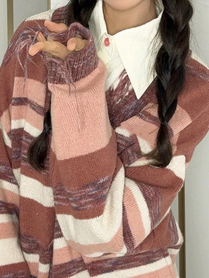 Tassel stripe v neck loose cardigan