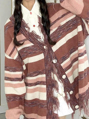 Tassel stripe v neck loose cardigan