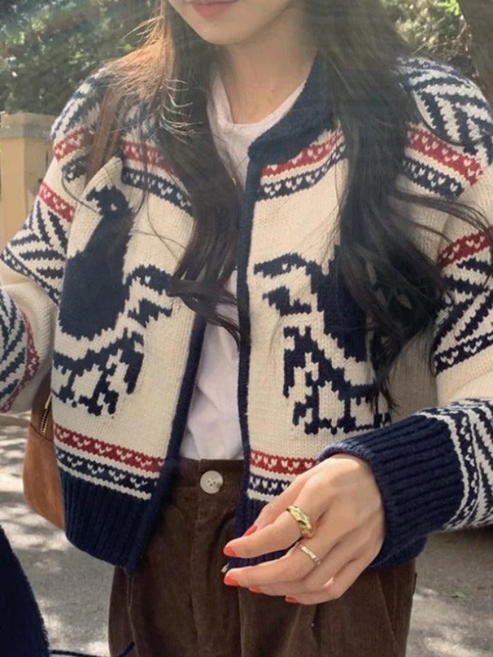 Vintage print zip up short knit cardigan