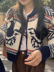 Vintage print zip up short knit cardigan