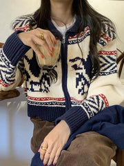 Vintage print zip up short knit cardigan