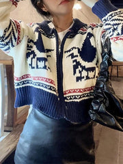 Vintage print zip up short knit cardigan