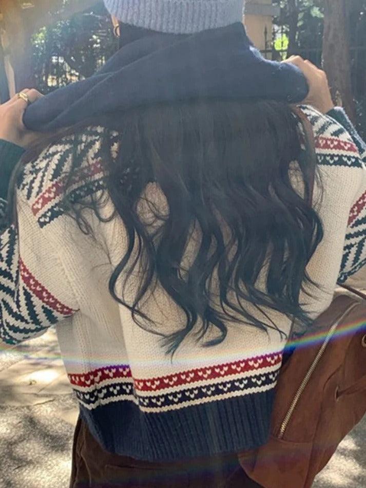 Vintage print zip up short knit cardigan