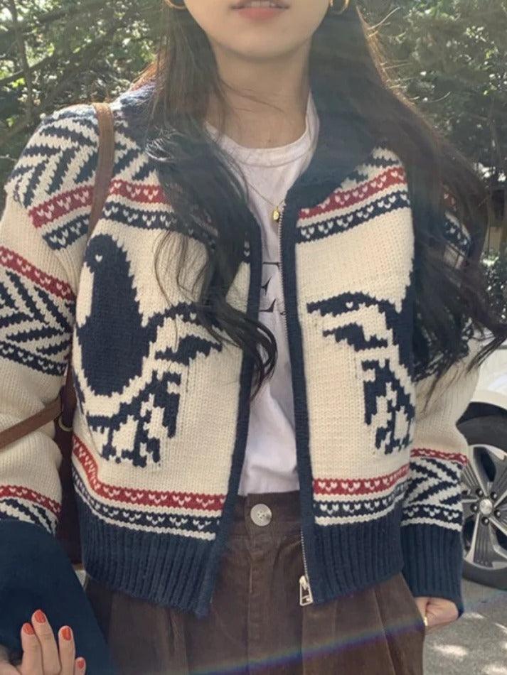 Vintage print zip up short knit cardigan