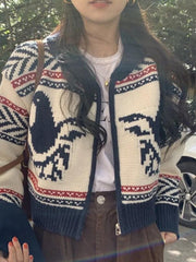 Vintage print zip up short knit cardigan