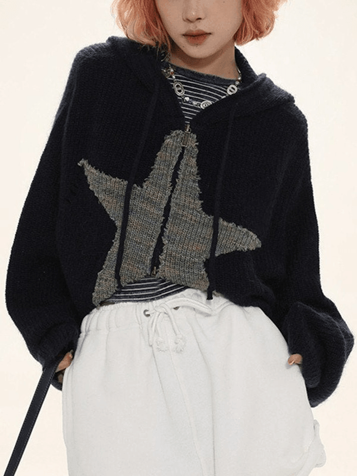 Star jacquard zip up hooded knit cardigan