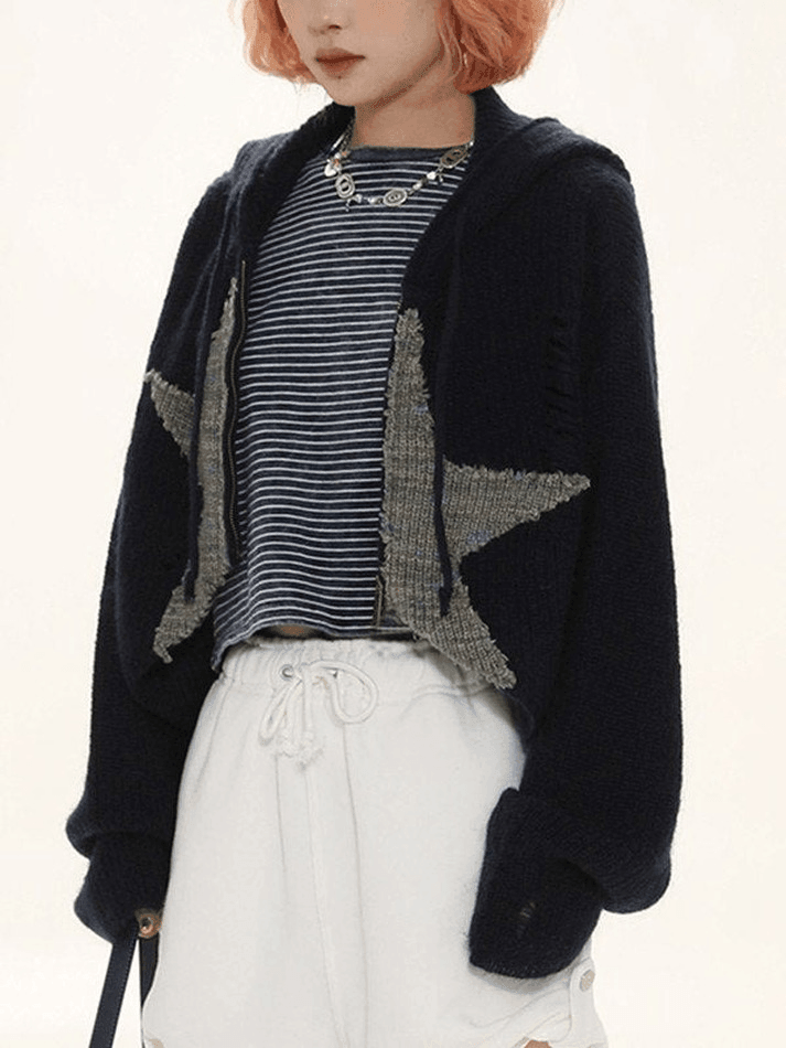 Star jacquard zip up hooded knit cardigan