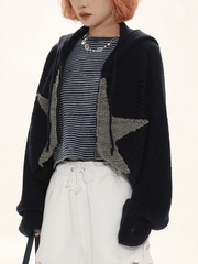 Star jacquard zip up hooded knit cardigan