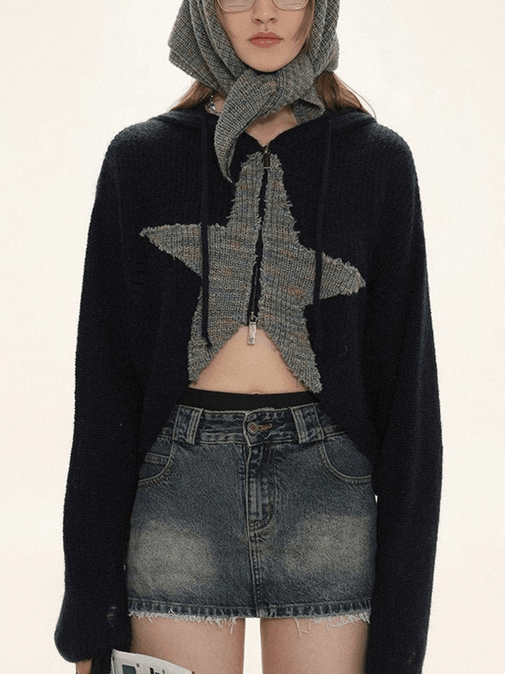 Star jacquard zip up hooded knit cardigan