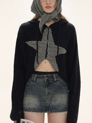 Star jacquard zip up hooded knit cardigan