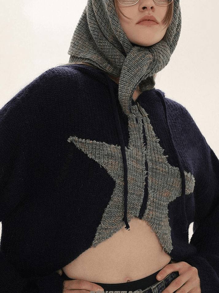 Star jacquard zip up hooded knit cardigan
