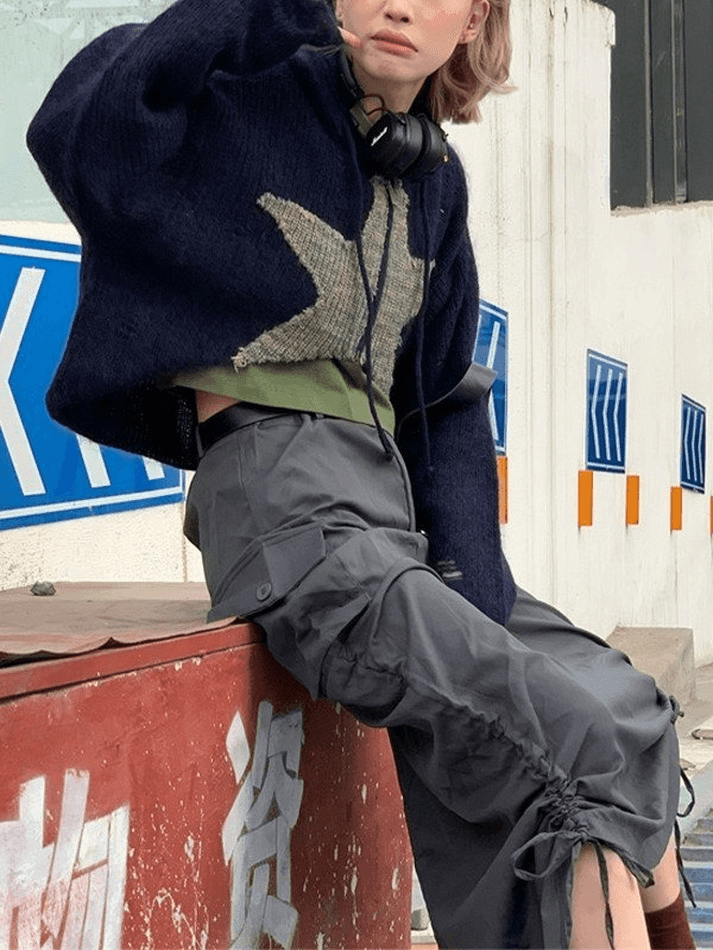 Star jacquard zip up hooded knit cardigan