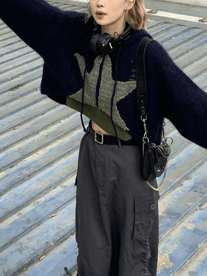 Star jacquard zip up hooded knit cardigan