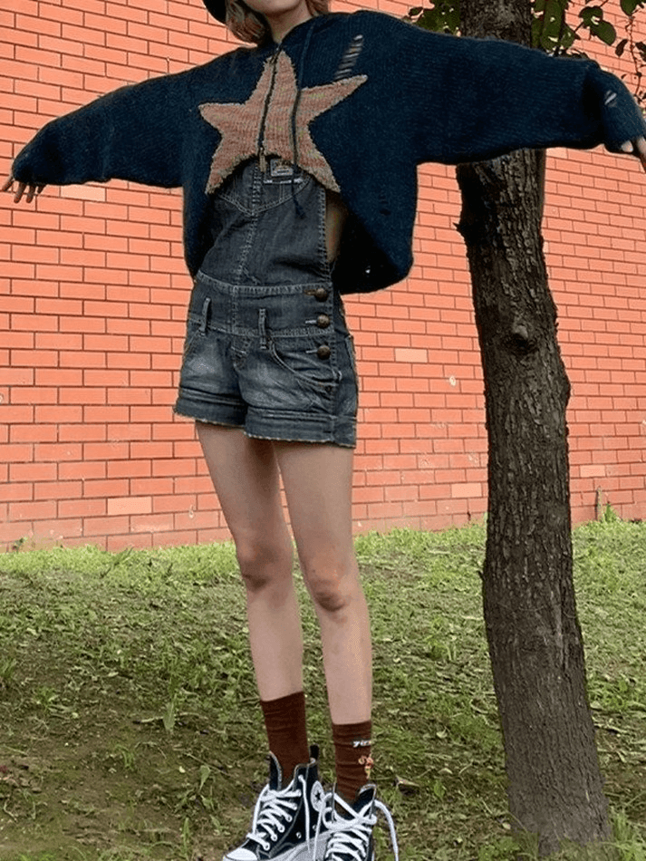 Star jacquard zip up hooded knit cardigan