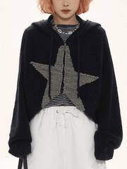 Star jacquard zip up hooded knit cardigan