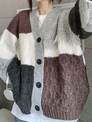 V neck splice tassel embellished knit cardigan