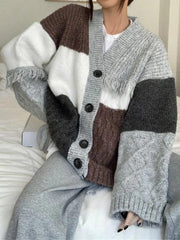 V neck splice tassel embellished knit cardigan