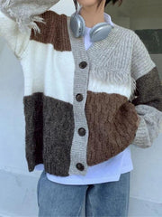 V neck splice tassel embellished knit cardigan