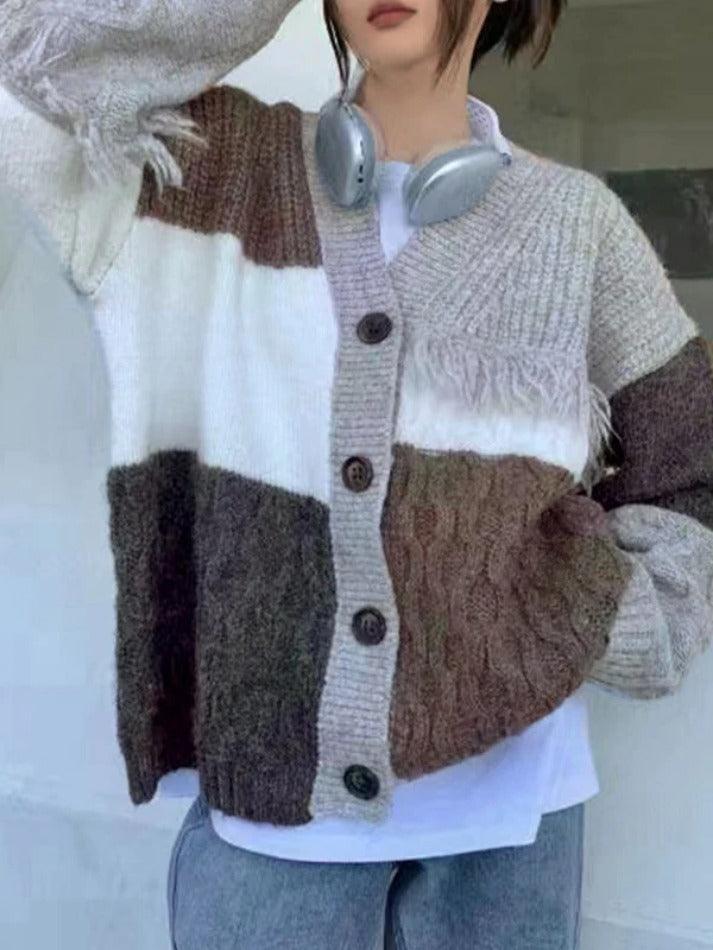 V neck splice tassel embellished knit cardigan