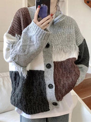 V neck splice tassel embellished knit cardigan